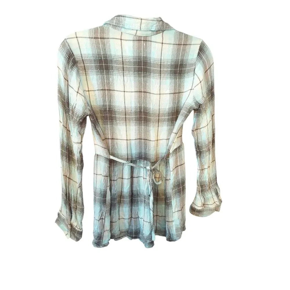JUSTICE Teal White Plaid Tie Back Long Sleeve Flannel Girls Size 16 FLAW